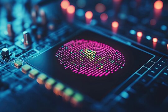 Fingerprint graphic on circuit board, blue, pink and gold