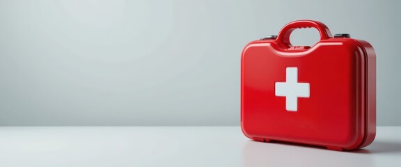 Bright red first aid kit with a prominent white cross sitting on a clean white surface against a light gray backdrop