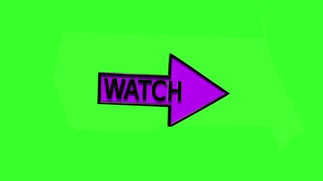 A vibrant purple 3D arrow pointing right featuring the word WATCH in bold black letters. This motion graphic is set against a chroma key green background for easy use as a call-to-action overlay.