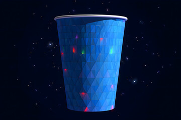 A blue faceted cup with colorful lights against a dark starry background with white rim and base