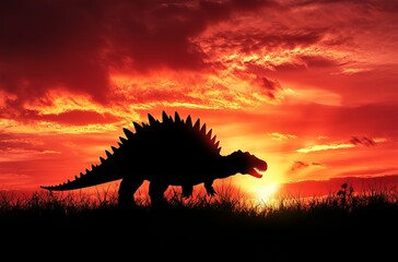 Fototapeta premium Silhouette of dinosaur at fiery sunset