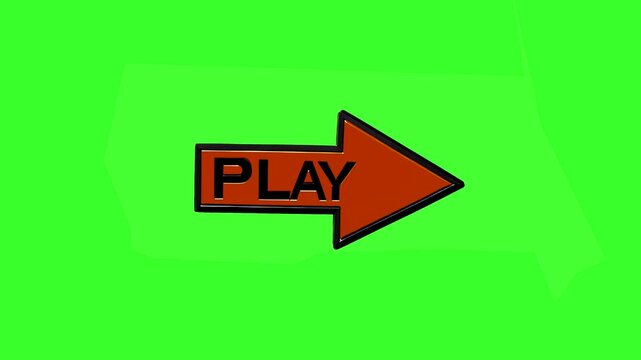 An animated 3D red arrow-shaped button pointing right featuring the black text PLAY engraved on it. The element is isolated on a chroma key green background, perfect for video players, game interfaces