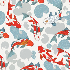 Naklejka premium A stylized seamless koi fish pattern with flowing water motifs. Perfect for textiles, decorative prints, and serene Asian branding.