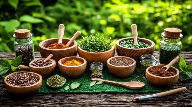 Assortment of Spices and Herbs in Wooden Bowls - Powered by Adobe