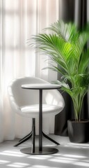 Chair and table by a window with houseplant backdrop