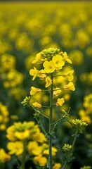Fototapeta premium Vibrant yellow rapeseed flowers blooming in a field under natural sunlight offering spring beauty