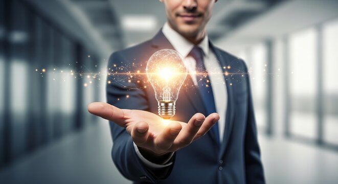Businessman holding a glowing light bulb in his hand, symbolizing innovation and creativity concept