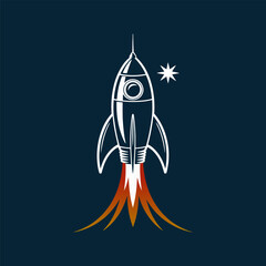 retro rocket blasting upward, star accent trail, night sky backdrop, adventurous space travel, bold orange flame, modern vector