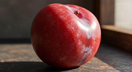 Vibrant red plum fruit isolated against a dark background with sunlight