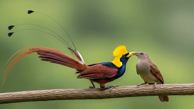 Exotic Male Bird of Paradise Courtship Feeding a Female on a Branch

