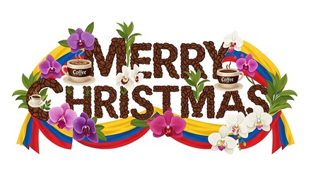 Christmas greeting decorated with coffee beans and flowers