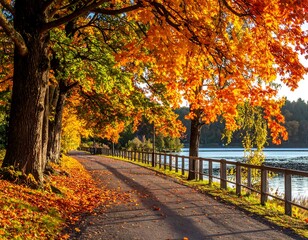 Naklejka premium A scenic autumn road lined with trees, showcasing bright orange and yellow foliage