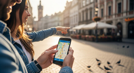 Excited tourists using a mobile map app to explore vibrant European city streets, perfect for travel guides, navigation apps, and adventure promotions