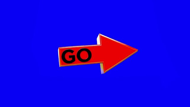 A vibrant red glossy 3D arrow featuring bold black GO text continuously spins in a looping animation on a green screen background. Ideal for start buttons, motivational graphics, racing promos, and ur