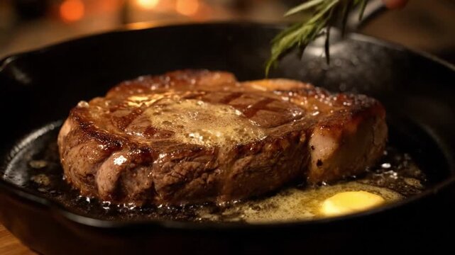 Close up of juicy steak sizzling in cast iron skillet, basted with melted butter and infused with rosemary, creating cozy and rustic ambiance with warm firelight reflections