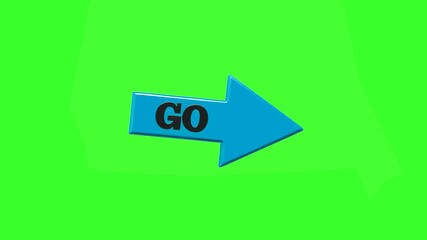 A sleek blue 3D arrow with bold black GO lettering gently rotates in a seamless loop against a green screen background. Excellent for play buttons, navigation prompts, gaming interfaces, and modern CT