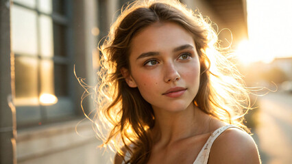A blonde woman with perfect skin and makeup wears a white outfit, her hair caught in the wind as she gives a stunning, elegant glamour look
