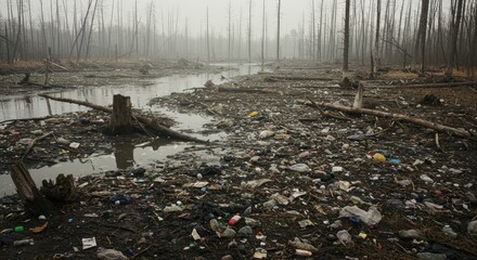 Obraz premium Polluted Forest Swamp with Debris and Plastic Waste