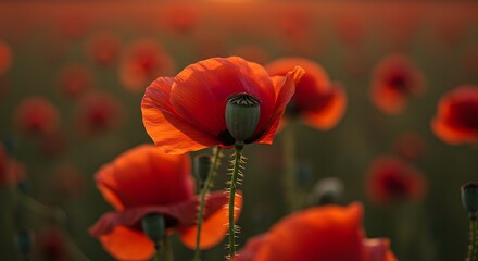 Vibrant red poppies blooming in a field during sunset