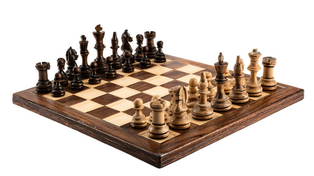 Classic wooden chess set, professional chessboard with carved pieces, strategic board game for competition isolated on Transparent Background