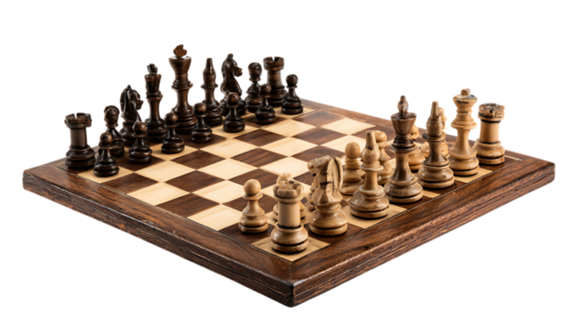 Wooden chess board with pieces set up, isolated on transparent background - Powered by Adobe
