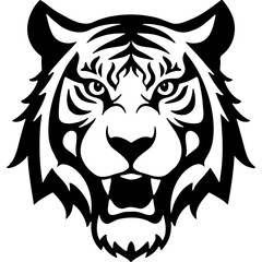 Fototapeta premium Sketchy emblem of head of a roaring angry tiger front view. Engraving minimalistic vector in black ink drawing on transparent background