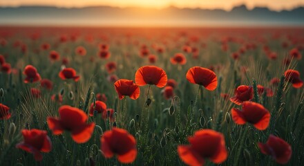 Vibrant red poppies in a field with soft sunlight during golden hour