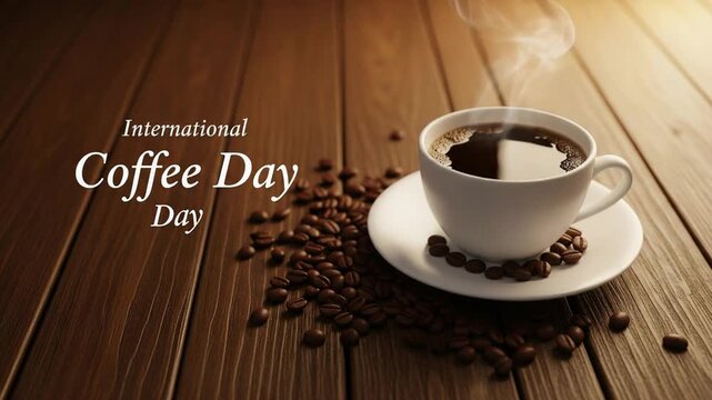 International Coffee Day: Steaming Hot Coffee Cup with Beans on Wooden Table