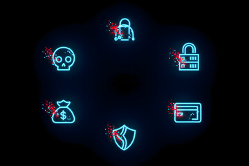 Neon cybersecurity icons arranged in a circle against a black background with red particle effects