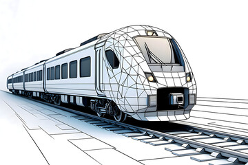 Low poly rendering of a modern passenger train on tracks against a white background in perspective