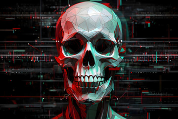 Low poly skull with red and green chromatic aberration effect on a dark digital background
