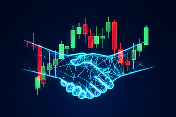 Neon handshake graphic overlaid on a stock market chart with red and green candlestick indicators
