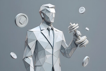 Polygonal businessman lifting dumbbell with floating coins against a gray colored background art