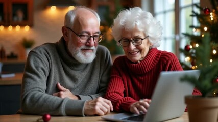 Grandparents chatting online with family at Christmas. Home interior with lights and holiday decorations. Senior couple enjoying video call celebration. Happy virtual meeting. Man and woman talking. - Powered by Adobe