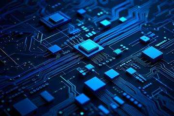 A close up view of a blue and black circuit board with chips and intricate wiring patterns visible
