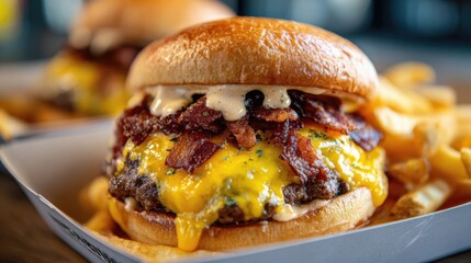 チーズとソースがたっぷりかかったハンバーガー