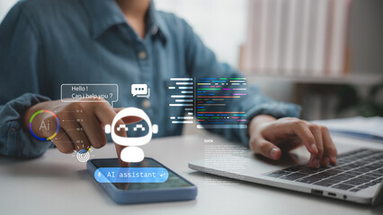 Person interacting with AI assistant chatbot on smartphone, with digital interface and code screen. Concept for artificial intelligence, virtual assistant, and conversational AI technology.