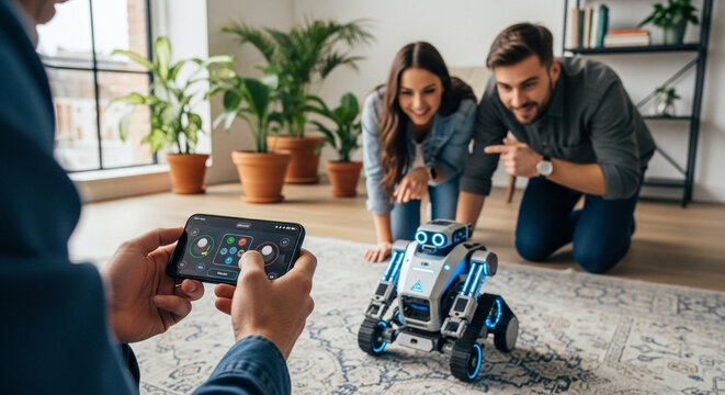 Excited young couple watching robot controlled by phone in stylish living room, showcasing modern technology and playful innovation for family fun