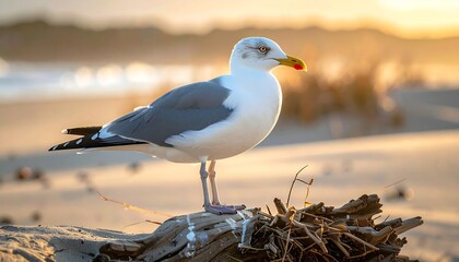 A seagull with white and grey feathers rests on a driftwood log at sunset on a sandy beach