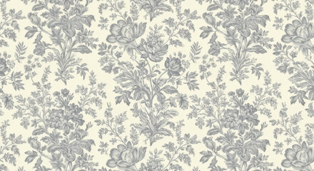 Monochrome Floral Damask Pattern with Intricate Flower and Leaf Designs in Gray Tones for a Classic and Timeless Textile or Wallpaper Background