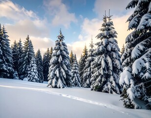 Snowy forest at sunrise