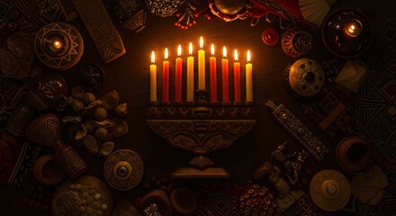 Kwanzaa Celebration Candles Lighting Unity Mishumaa Saba Traditional African Gifts Wood Table Setting