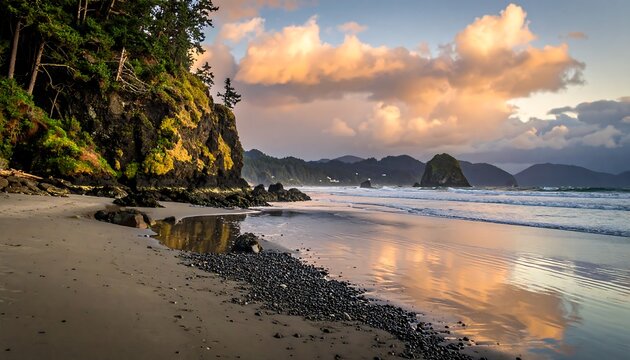 Coastal scenery featuring a sandy shore, rocky cliffs, and a distant island. The sunset casts beautiful colors across the sky and sea