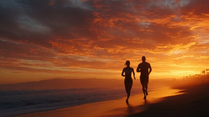夕暮れの浜辺を走る男女のシルエット