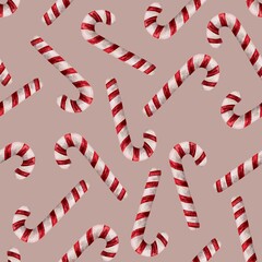 Christmas cheerful candy canes watercolor seamless pattern.