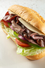 A view of a roast beef sandwich.