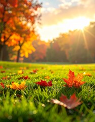 Colorful autumn leaves covering the green grass in the park