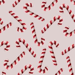 Seamless Christmas pattern with candy cane with white and red stripes. Hand painted watercolor illustration