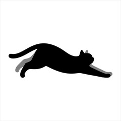 Minimal flat vector illustration of a playful cat stretching in side view, clean modern style perfect for logo and character design