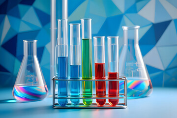 A still life of laboratory glassware including test tubes and flasks with colorful liquids in a rack setup